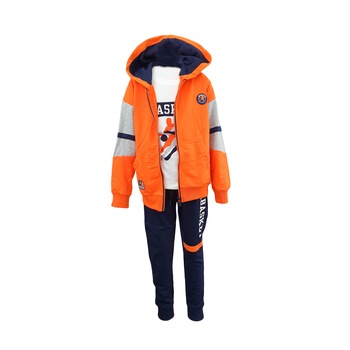 Trening trei piese portocaliu-bleumarin, model Basket, marime 116 cm, varsta 6 ani Trening trei piese portocaliu-bleumarin, model Basket, marime 116 cm, varsta 6 ani