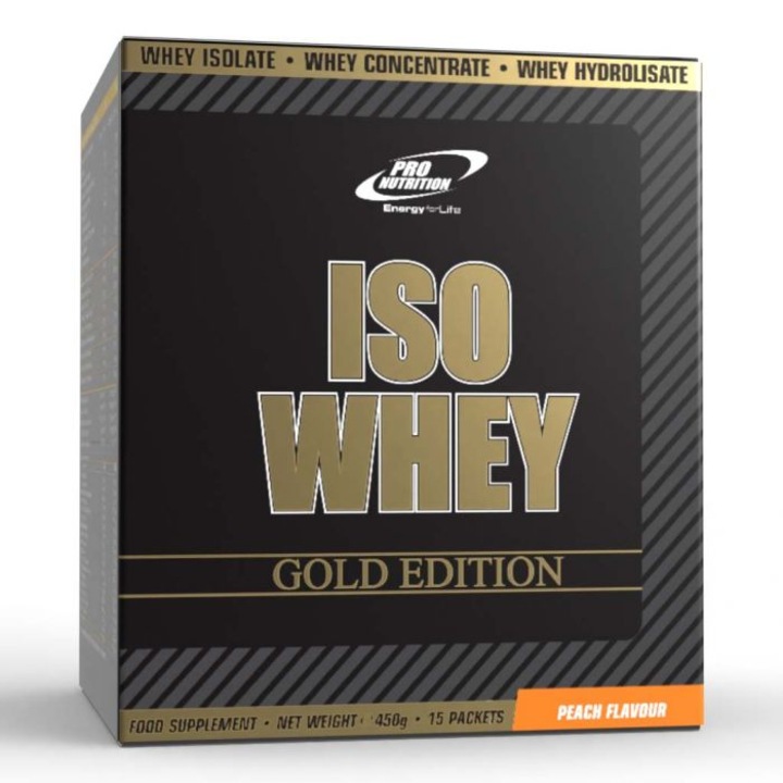 Pro Nutrition fehérje izolátum, koncentrátum és hidrolizátum keveréke, Iso Whey Gold, őszibarack, 15 tasak x 30 g