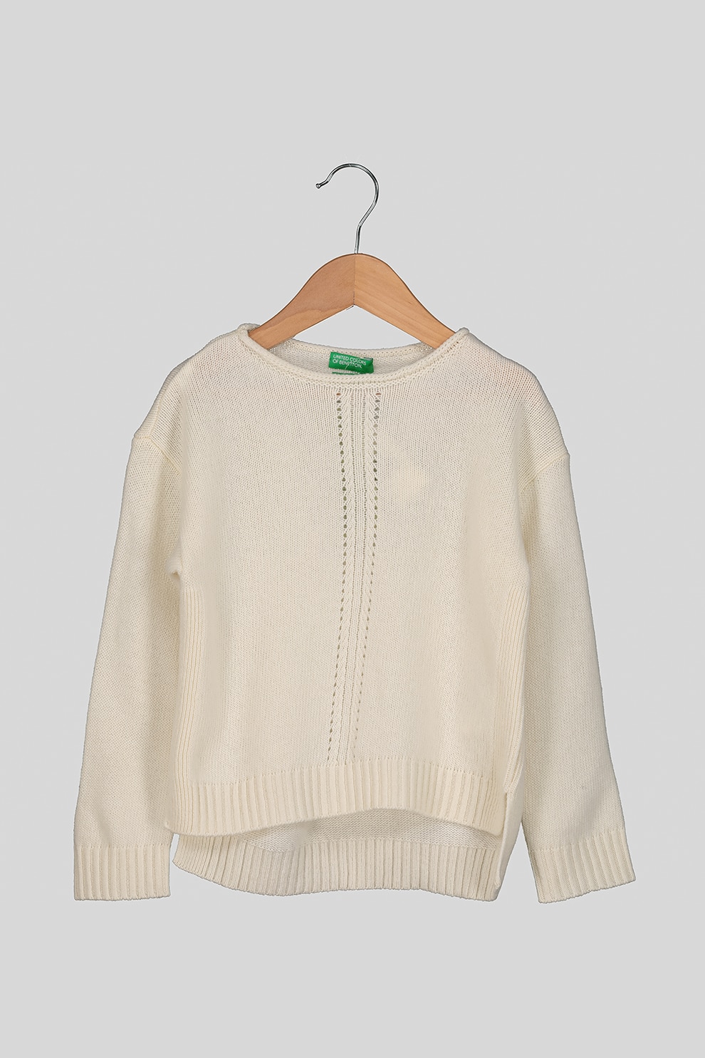 United Colors of Benetton, Pulover asimetric din amestec de lana, Crem