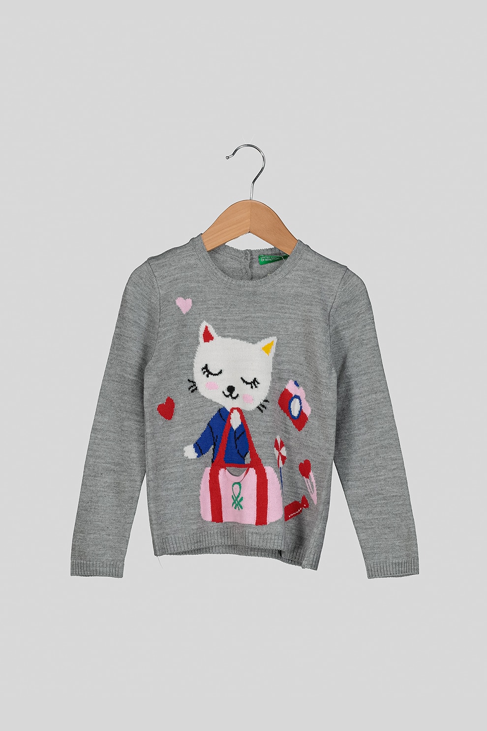 United Colors of Benetton, Pulover cu aplicatie decorativa, Gri melange, 62 CM