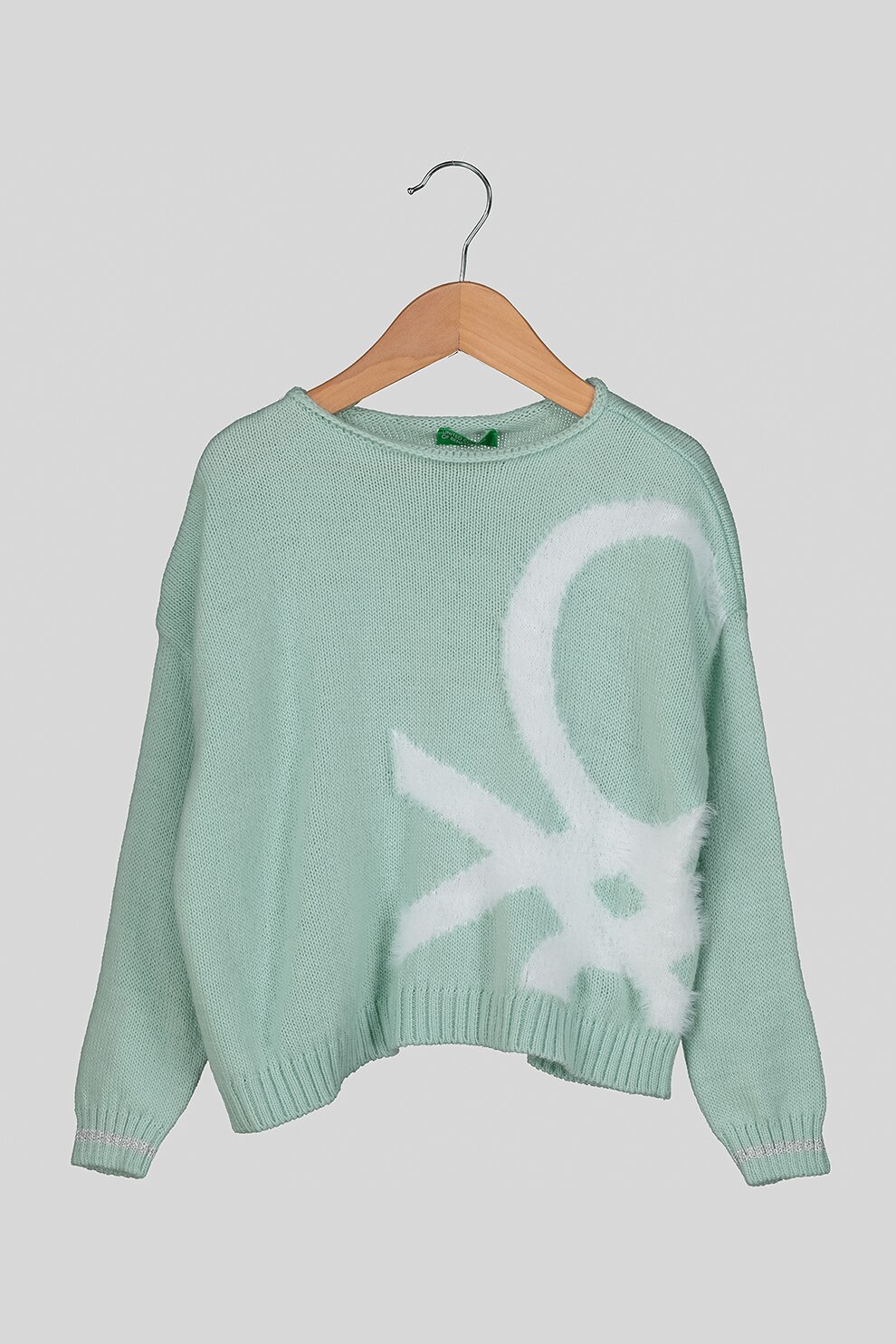 United Colors of Benetton, Pulover din amestec de lana cu maneci cazute, Verde menta, 110 CM