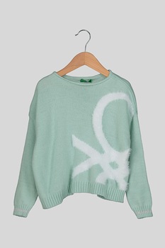 United Colors of Benetton, Pulover din amestec de lana cu maneci cazute, Verde menta, 110 CM United Colors of Benetton, Pulover din amestec de lana cu maneci cazute, Verde menta, 110 CM