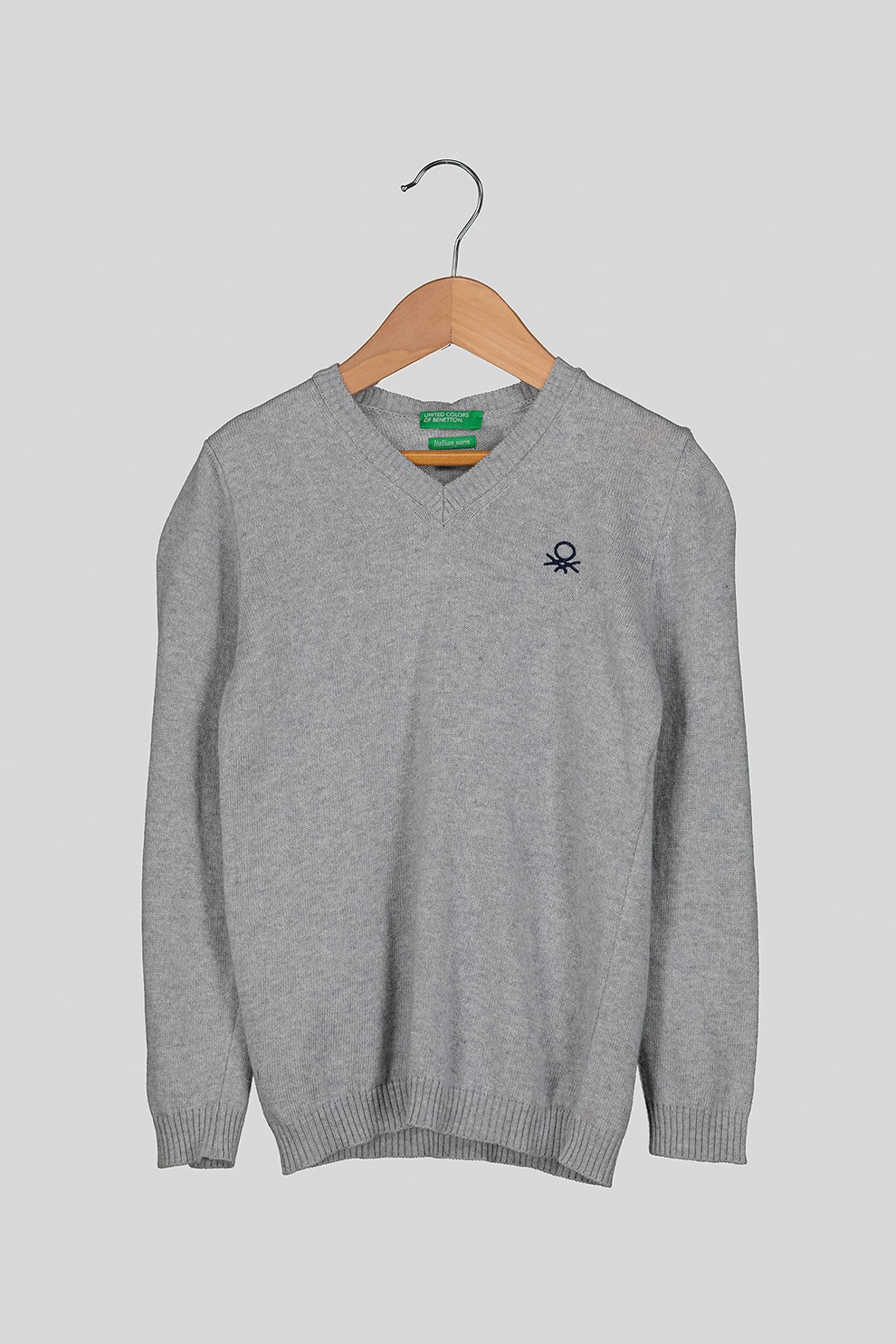 United Colors of Benetton, Pulover tricotat fin din amestec de lana cu decolteu in V, Gri melange, 120 CM