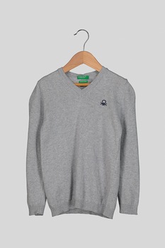United Colors of Benetton, Pulover tricotat fin din amestec de lana cu decolteu in V, Gri melange, 120 CM United Colors of Benetton, Pulover tricotat fin din amestec de lana cu decolteu in V, Gri melange, 120 CM