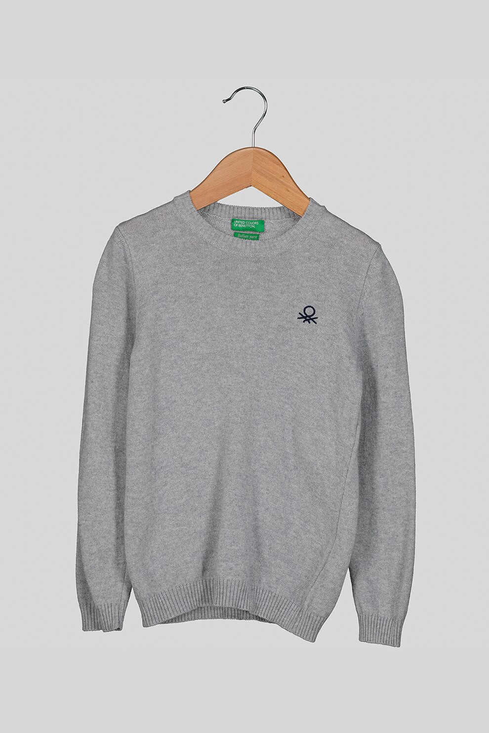 United Colors of Benetton, Pulover din amestec de lana cu decolteu la baza gatului, Gri melange, 120 CM