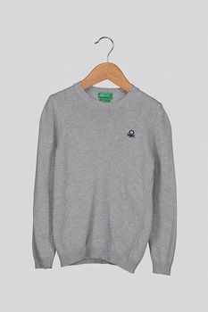 United Colors of Benetton, Pulover din amestec de lana cu decolteu la baza gatului, Gri melange, 120 CM United Colors of Benetton, Pulover din amestec de lana cu decolteu la baza gatului, Gri melange, 120 CM
