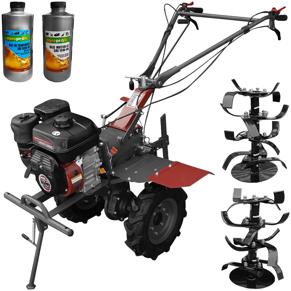 Set motocultor Weima WM1100C, 3 viteze, motor 7 CP, latime lucru 110 cm, freze, roti cauciuc 400x8, 2l ulei AgroPro
