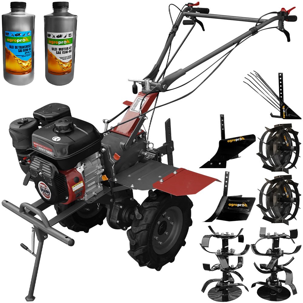 Set motocultor Weima WM1100C, 3 viteze, motor 7 CP, latime lucru 110 cm, freze, roti cauciuc 400x8, roti metal, rarita reglabila, plug arat, plug cartofi, 2l ulei AgroPro