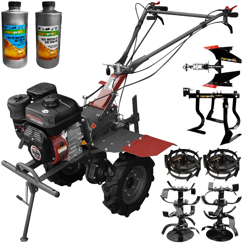 Set motocultor Weima WM1100C, 3 viteze, motor 7 CP, latime lucru 110 cm, freze, roti cauciuc 400x8, roti metal, cultivator, plug reversibil, 2l ulei AgroPro
