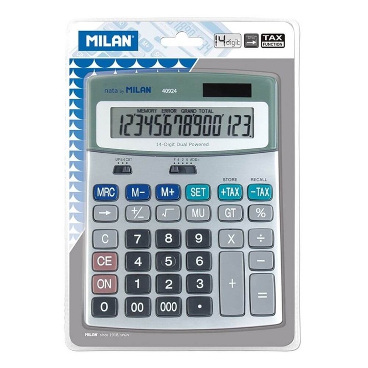 Калкулатор MILAN, 14 разряден, Пластмасов корпус, Плосък екран, Двойно захранване, Сив, 185 x 140 x 20 мм