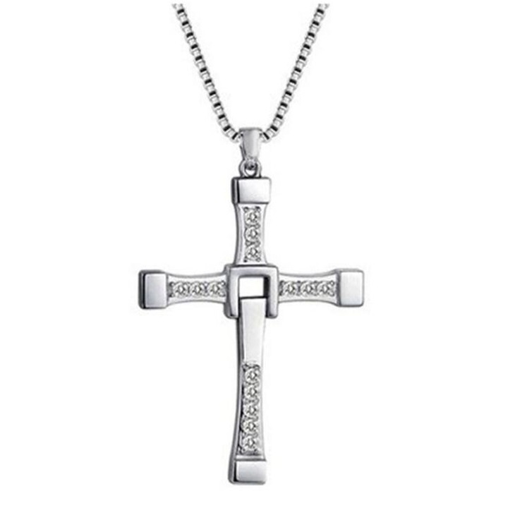 Colier lant cu pandantiv din titanium in forma de cruce Dominic Toretto, ASKSA, lungime 60 cm, argint