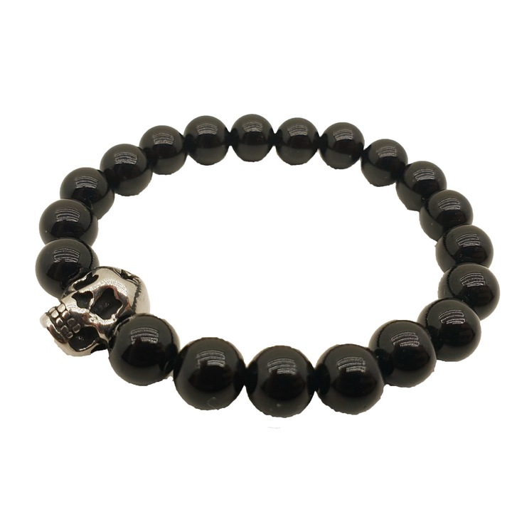 Bratara stones, barbati, pietre semipretioase, onix & silver charm, handmade, neagra