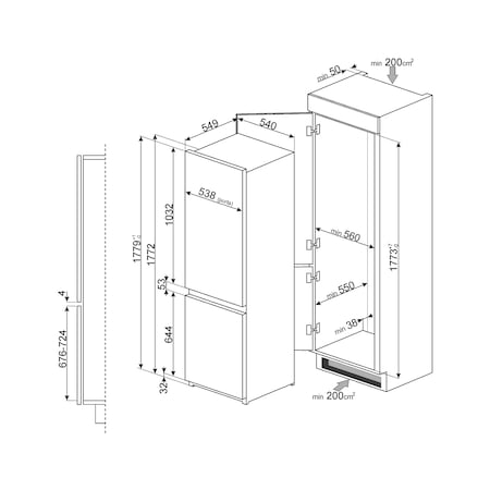 Combina frigorifica incorporabila Smeg C7280NEP, 273 L, Clasa A+, H 178 cm