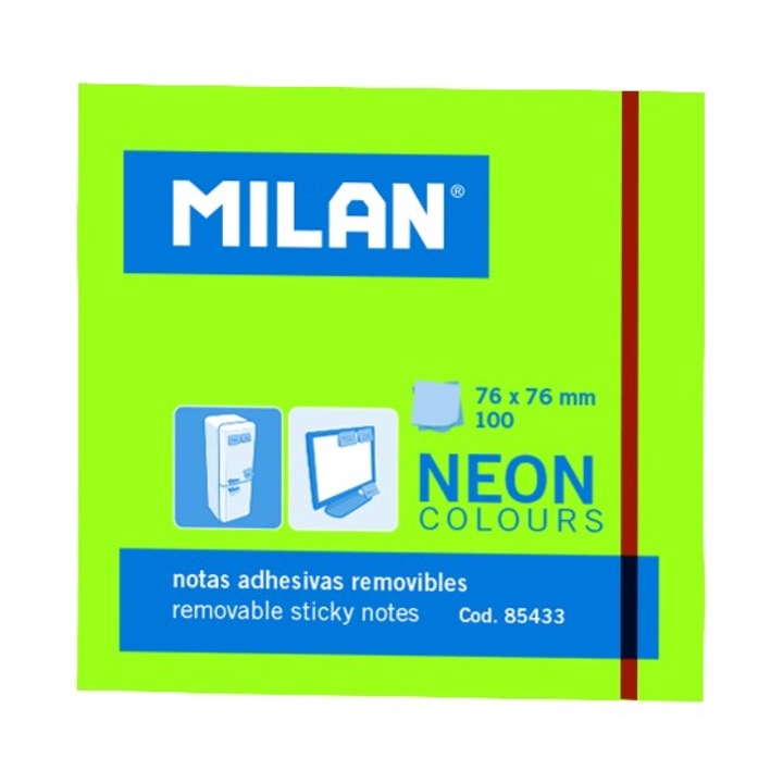 Лепящи листчета MILAN, 76x76 мм, 100 листа, Неоново зелен