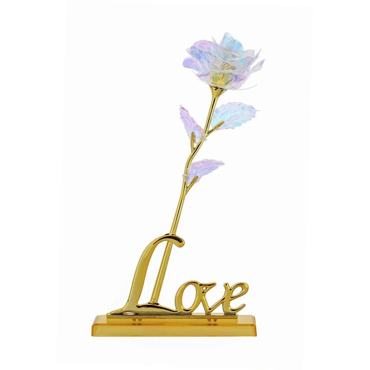 Trandafir suflat cu aur 24K, din plastic, reflexii aspect diamant, baza-suport text „Love”, cutie eleganta