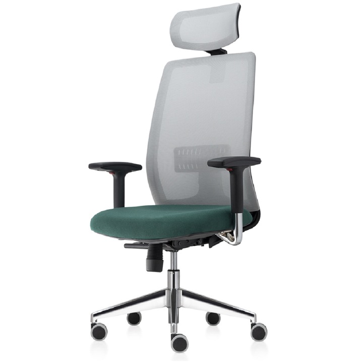 Scaun ergonomic de birou TRAFFIC CHAIRS CONCEPT PRO, mesh GRI, sezut VERDE, spatar si tetiera mesh, brate cromate reglabile, mecanism multiblock, role gumate mari, suport lombar reglabil, baza aluminiu