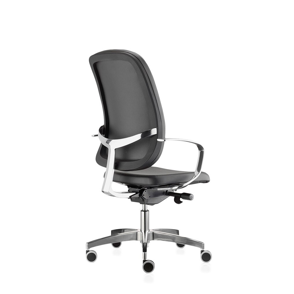 Scaun ergonomic de birou TRAFFIC CHAIRS TRANS, piele naturala, negru, sezut si spatar tapitat, brate ALUMINIU, suport spatar ALUMINIU, baza ALUMINIU, mecanism multiblock, role gumate mari