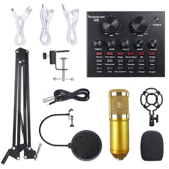 Set microfon, Inclusiv microfon V8 placa de sunet live si microfon condensator BM-800, Auriu Set microfon, Inclusiv microfon V8 placa de sunet live si microfon condensator BM-800, Auriu