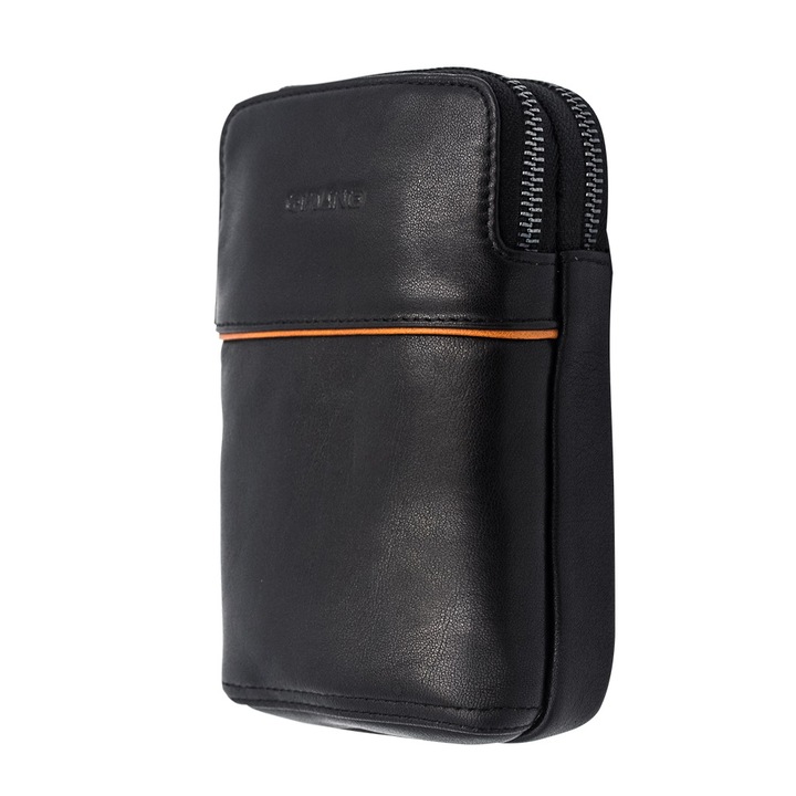 Кобур за колан от естествена мека кожа, вертикална ориентация, затваряне с цип, с 2 джоба, телефони до 170 мм - голям размер, Qialino, черен