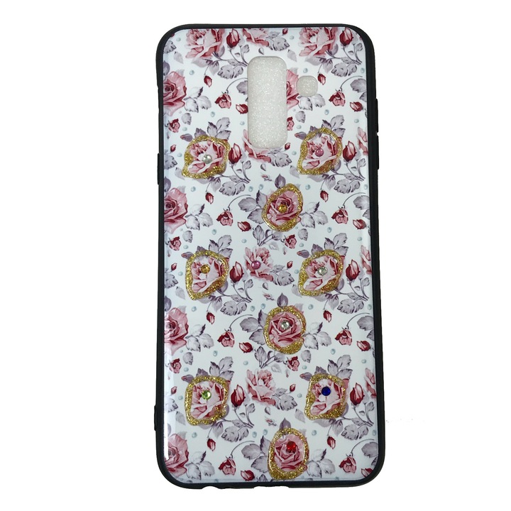 Husa compatibila cu Samsung A6 Plus, Carcasa TPU, Contur auriu in relief, Flori mici