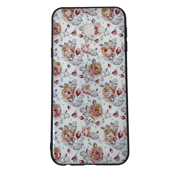 Husa compatibila cu Samsung J4 Plus, Carcasa TPU, Contur auriu in relief, Trandafiri mici