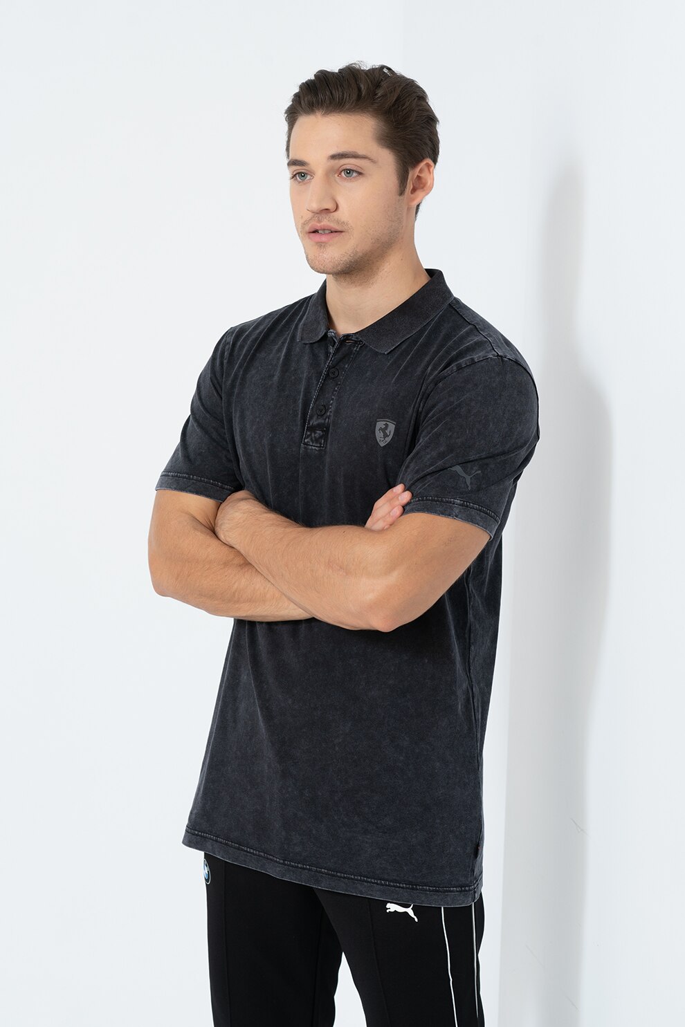 Puma, Tricou polo cu aspect de denim Ferrari, Gri antracit, XS