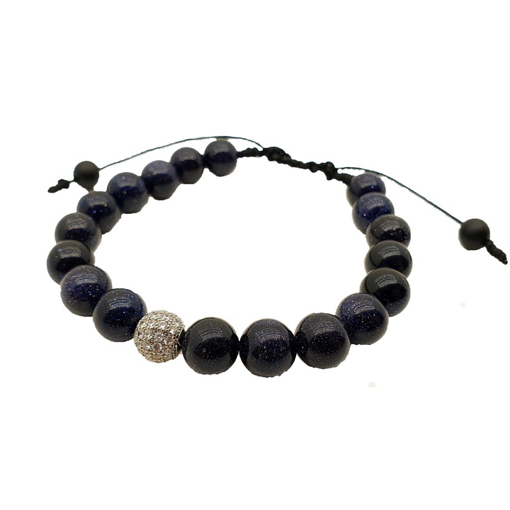 Bratara stones, dama, pietre semipretioase, sun stone & silver charm, handmade, neagra