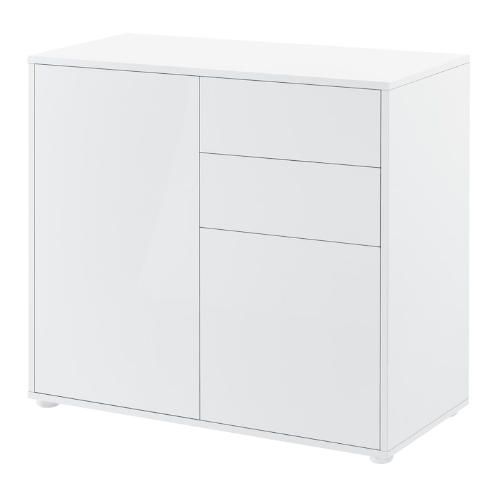 [en.casa]® Komód fiókos szekrény 74 x 79 x 36 cm 2 fiókkal és 2 szekrényajtóval fogantyú nélkül forgácslap fehér, magasfényű