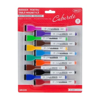 Set 12 Markere Tabla Magnetica DACO cu Burete, 12 Culori Diferite Set 12 Markere Tabla Magnetica DACO cu Burete, 12 Culori Diferite