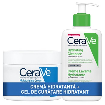 Pachet CeraVe: Crema hidratanta pentru piele uscata, 340g + Gel de curatare hidratant, 236 ml Pachet CeraVe: Crema hidratanta pentru piele uscata, 340g + Gel de curatare hidratant, 236 ml