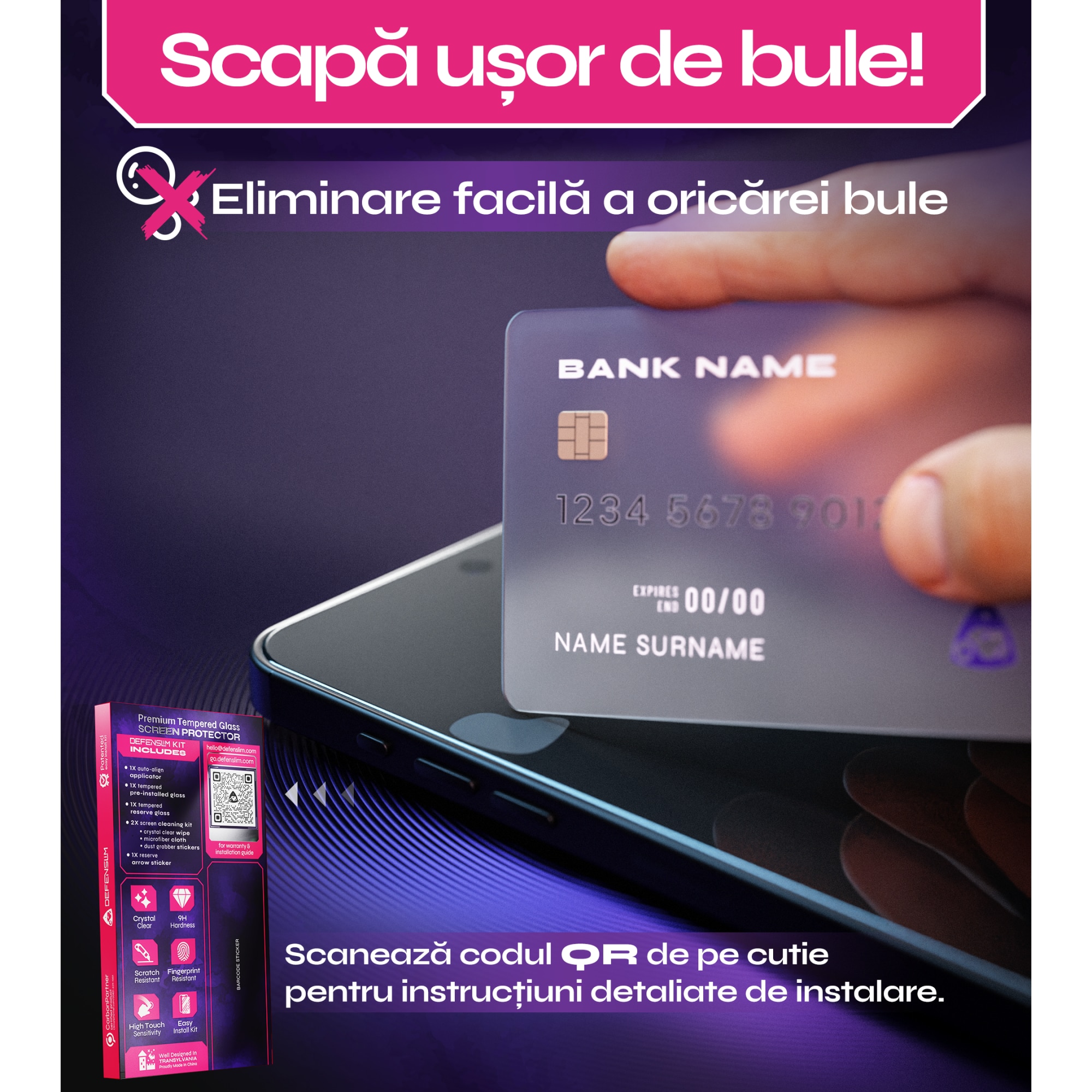 Folie sticla compatibil cu iPhone 11 / iPhone XR, set 2 buc, DefenSlim, instalare usoara si rapida cu dispozitiv de potrivire automata in 30 sec cu Easy Install Kit patentat, protectie telefon
