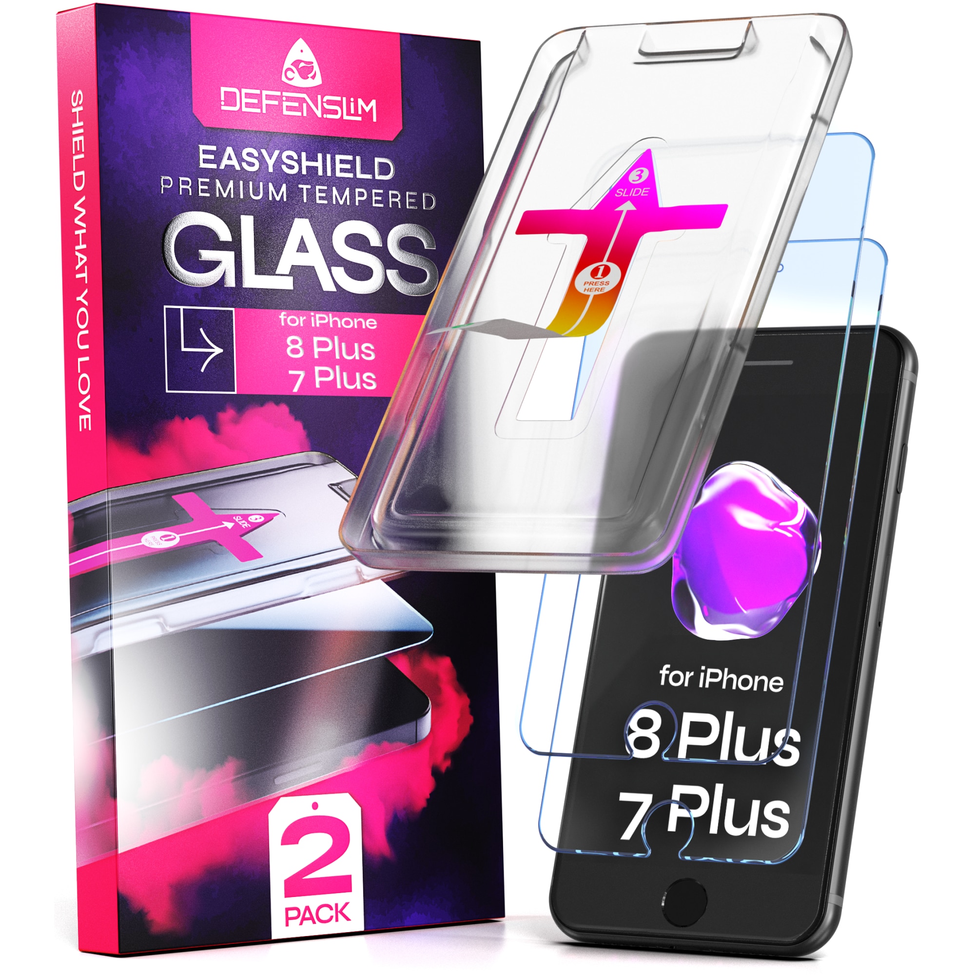 Folie sticla compatibil cu iPhone 8 Plus / 7 Plus, set 2 buc, DefenSlim, instalare usoara si rapida cu dispozitiv de potrivire automata in 30 sec cu Easy Install Kit patentat, protectie telefon