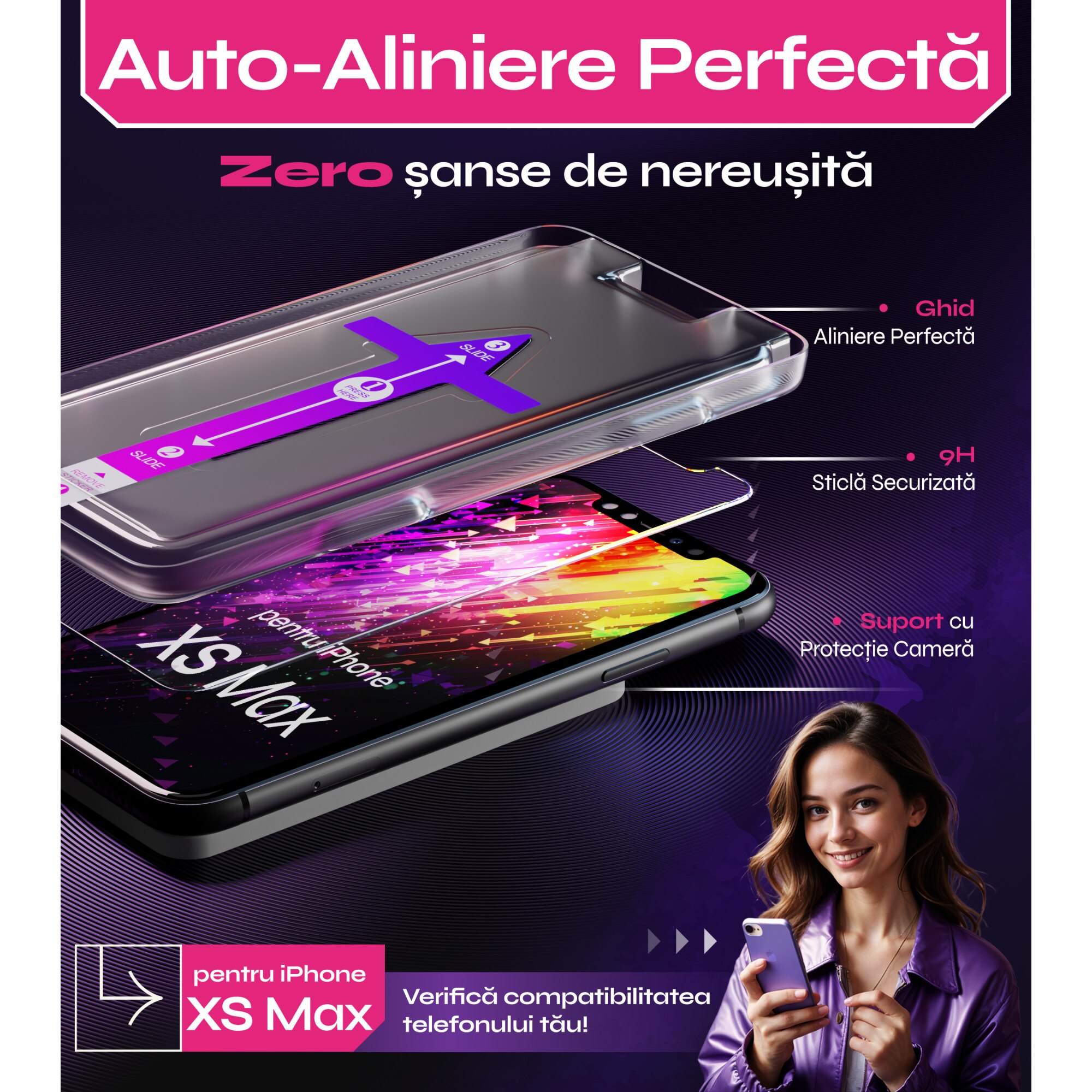 Folie sticla compatibil cu iPhone XS Max, set 2 buc, DefenSlim, instalare usoara si rapida cu dispozitiv de potrivire automata in 30 sec cu Easy Install Kit patentat, protectie telefon