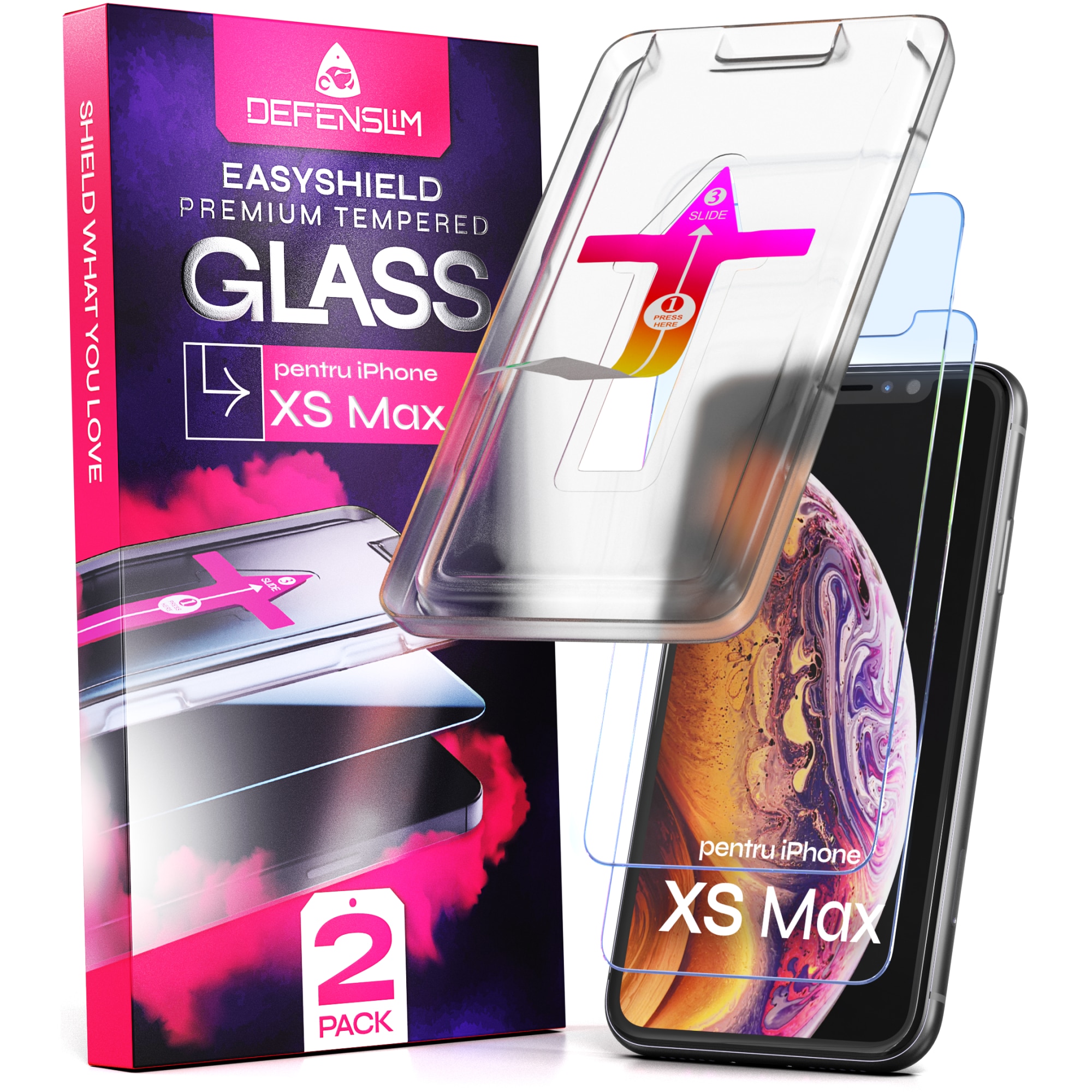 Folie sticla compatibil cu iPhone XS Max, set 2 buc, DefenSlim, instalare usoara si rapida cu dispozitiv de potrivire automata in 30 sec cu Easy Install Kit patentat, protectie telefon