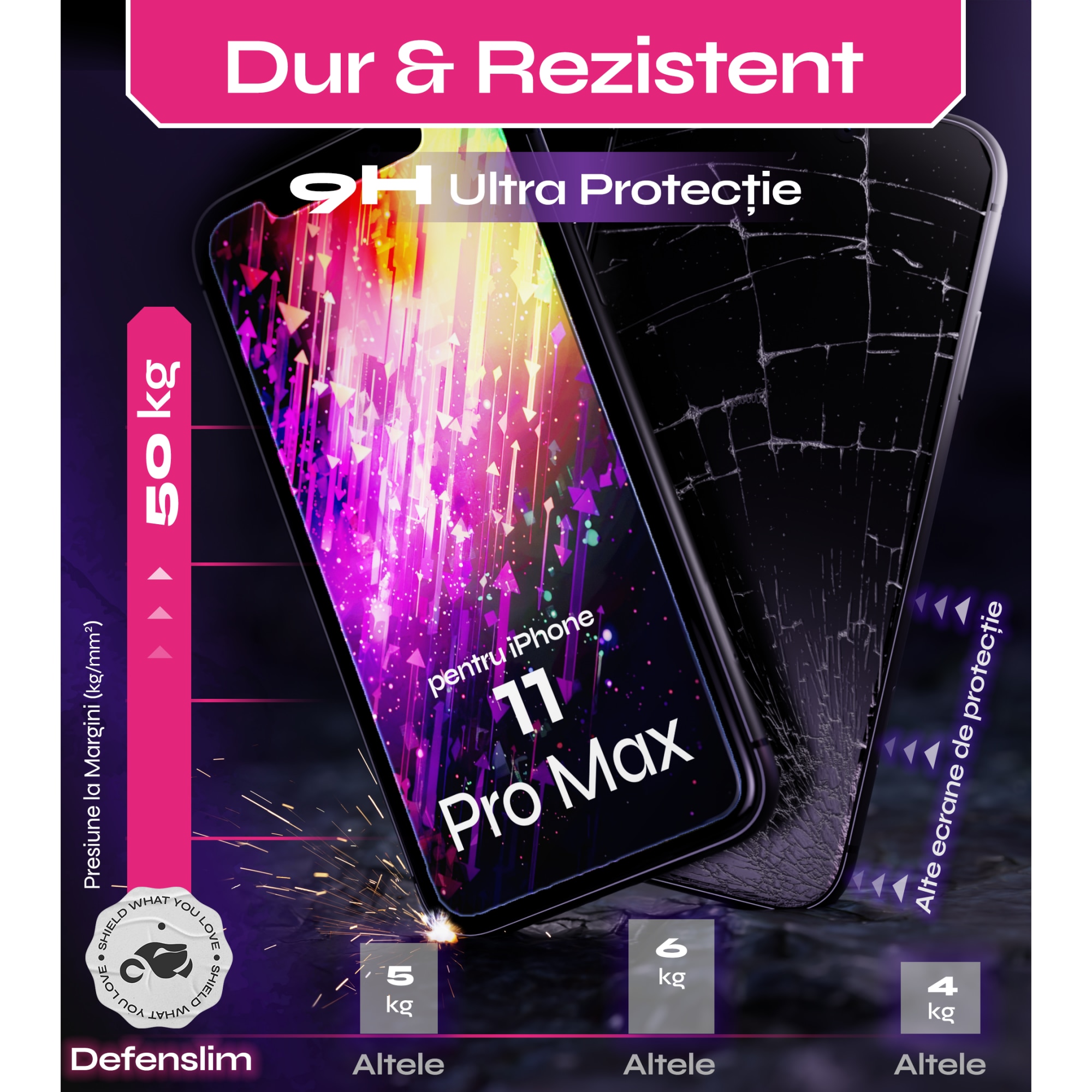 Folie sticla compatibil cu iPhone 11 Pro Max, set 2 buc, DefenSlim, instalare usoara si rapida cu dispozitiv de potrivire automata in 30 sec cu Easy Install Kit patentat, protectie telefon