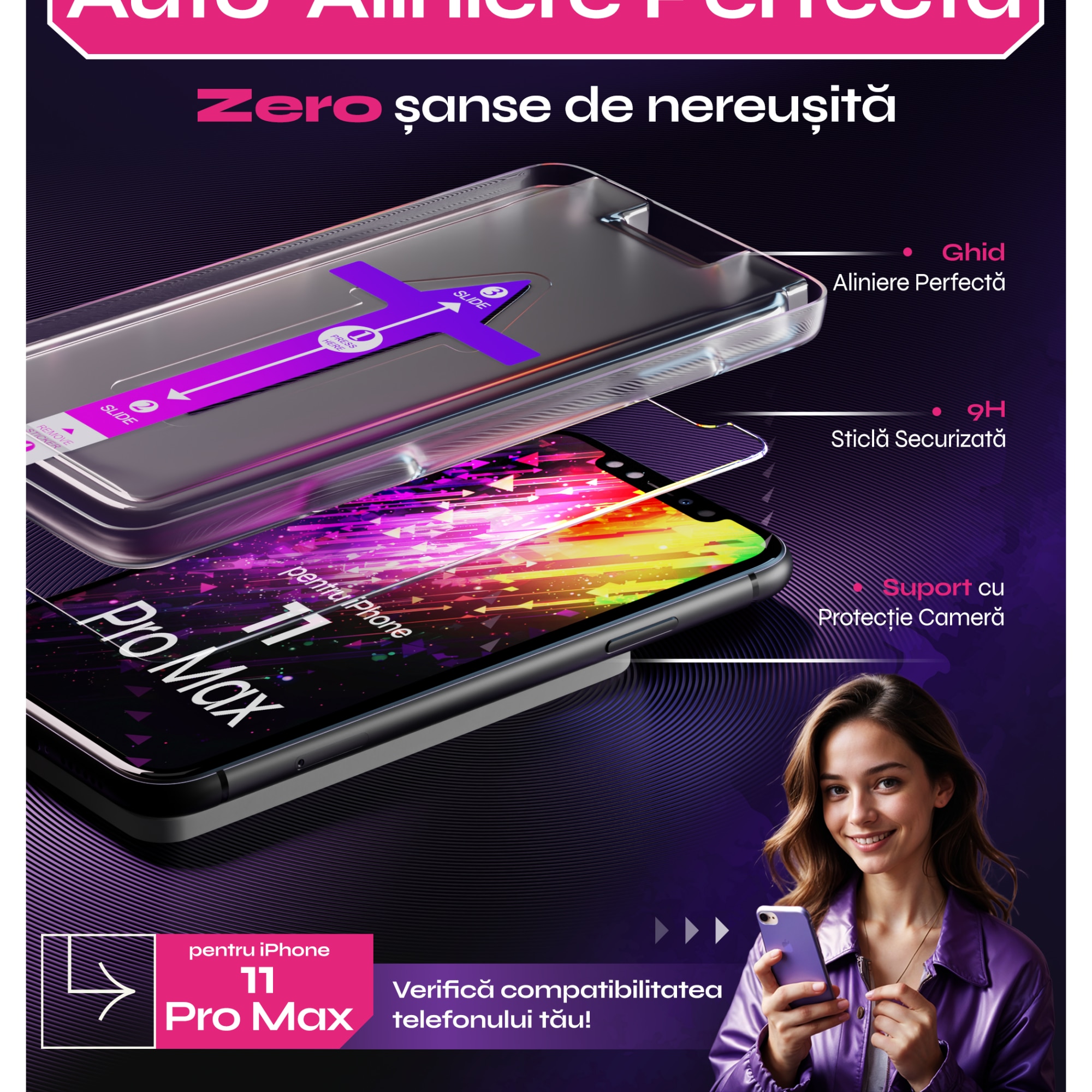 Folie sticla compatibil cu iPhone 11 Pro Max, set 2 buc, DefenSlim, instalare usoara si rapida cu dispozitiv de potrivire automata in 30 sec cu Easy Install Kit patentat, protectie telefon
