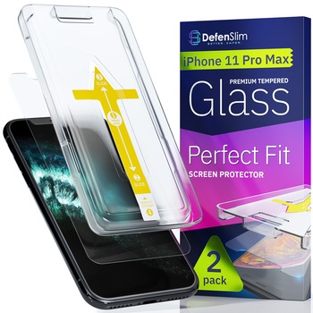 Folie sticla iPhone 11 Pro Max, set 2 buc, DefenSlim, instalare usoara si rapida cu dispozitiv de potrivire automata in 30 sec cu Easy Install Kit patentat, protectie telefon Folie sticla iPhone 11 Pro Max, set 2 buc, DefenSlim, instalare usoara si rapida cu dispozitiv de potrivire automata in 30 sec cu Easy Install Kit patentat, protectie telefon
