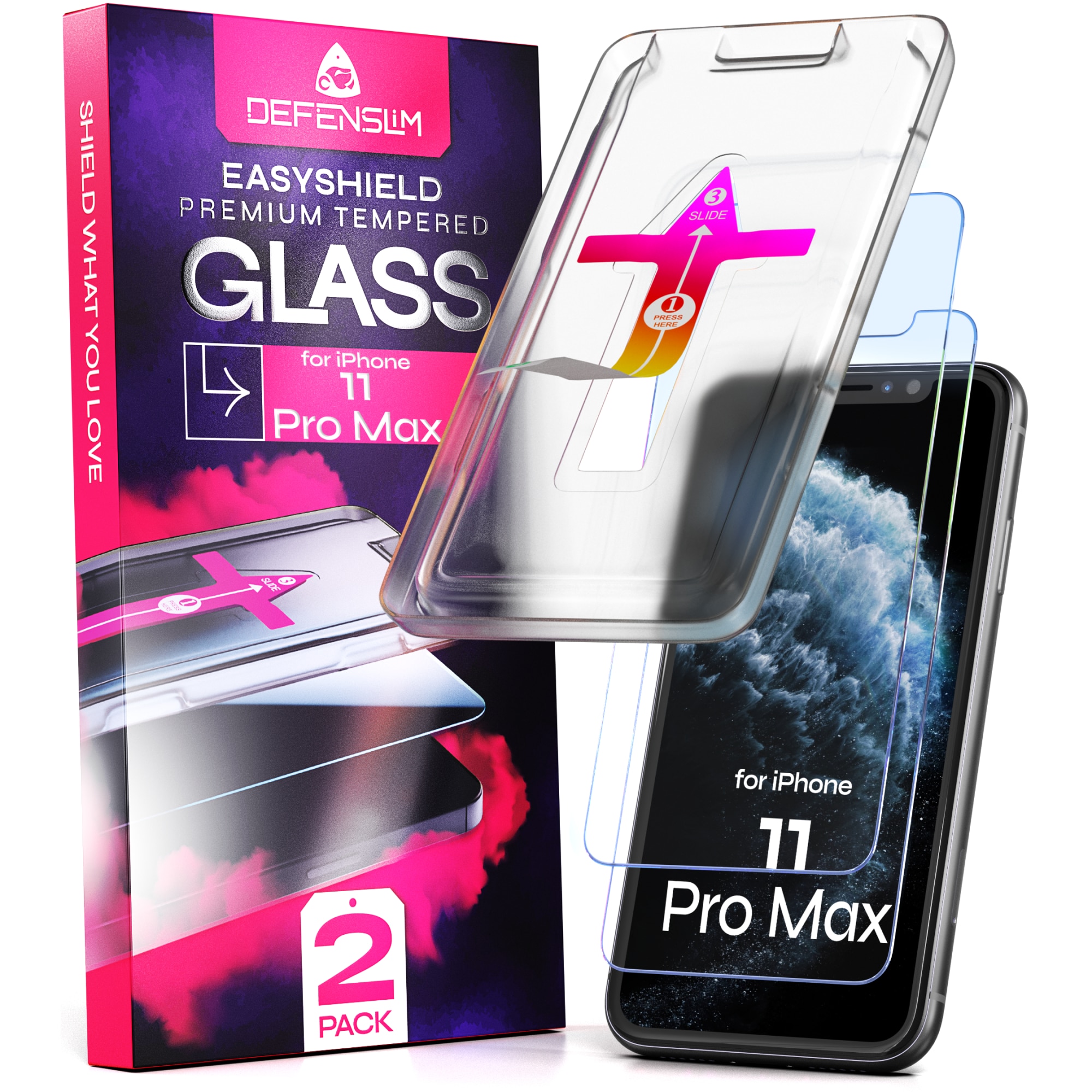 Folie sticla compatibil cu iPhone 11 Pro Max, set 2 buc, DefenSlim, instalare usoara si rapida cu dispozitiv de potrivire automata in 30 sec cu Easy Install Kit patentat, protectie telefon