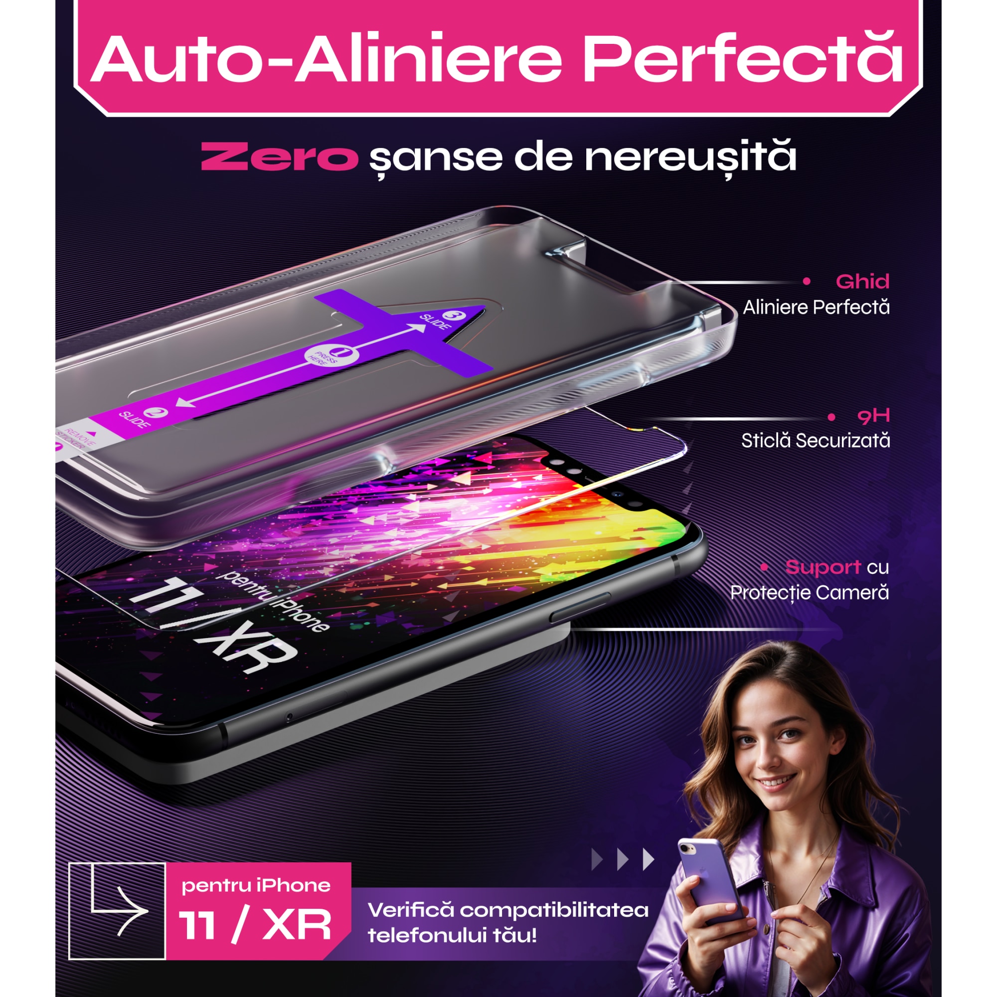 Folie sticla compatibil cu iPhone 11 / iPhone XR, set 2 buc, DefenSlim, instalare usoara si rapida cu dispozitiv de potrivire automata in 30 sec cu Easy Install Kit patentat, protectie telefon