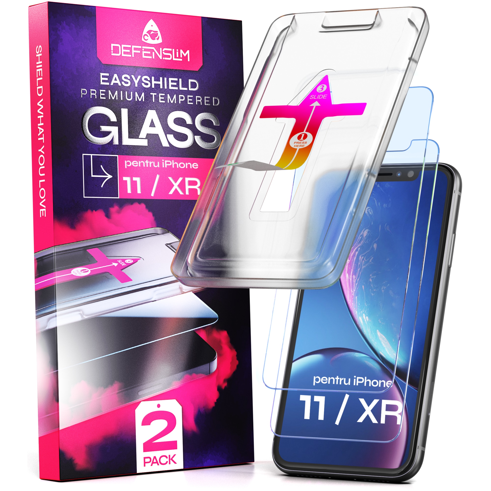 Folie sticla compatibil cu iPhone 11 / iPhone XR, set 2 buc, DefenSlim, instalare usoara si rapida cu dispozitiv de potrivire automata in 30 sec cu Easy Install Kit patentat, protectie telefon