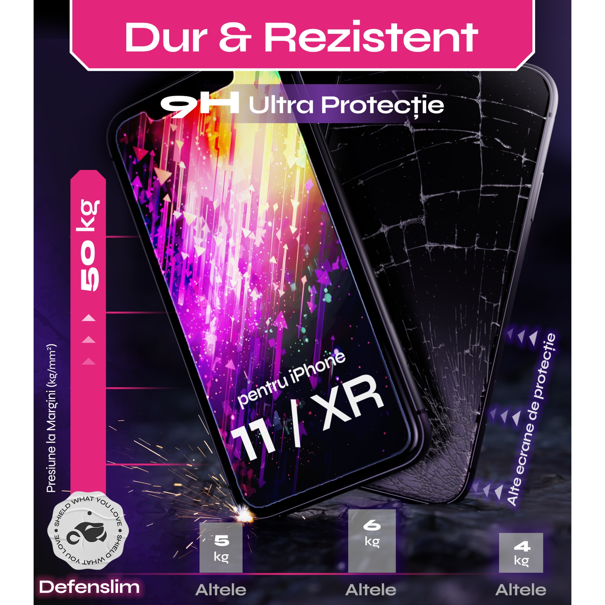 Folie sticla compatibil cu iPhone 11 / iPhone XR, set 2 buc, DefenSlim, instalare usoara si rapida cu dispozitiv de potrivire automata in 30 sec cu Easy Install Kit patentat, protectie telefon