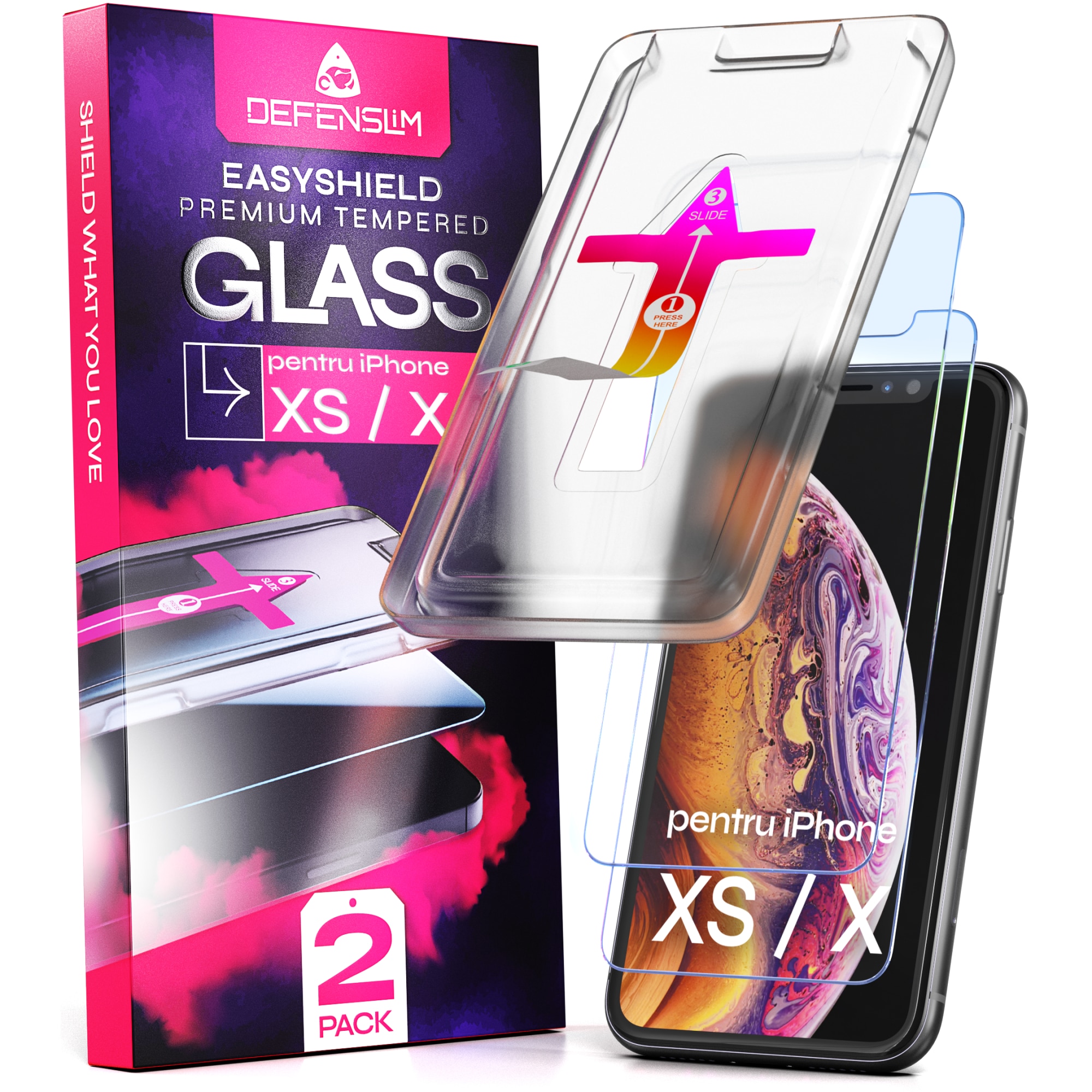 Folie sticla compatibil cu iPhone XS / X, set 2 buc, DefenSlim, instalare usoara si rapida cu dispozitiv de potrivire automata in 30 sec cu Easy Install Kit patentat, protectie telefon
