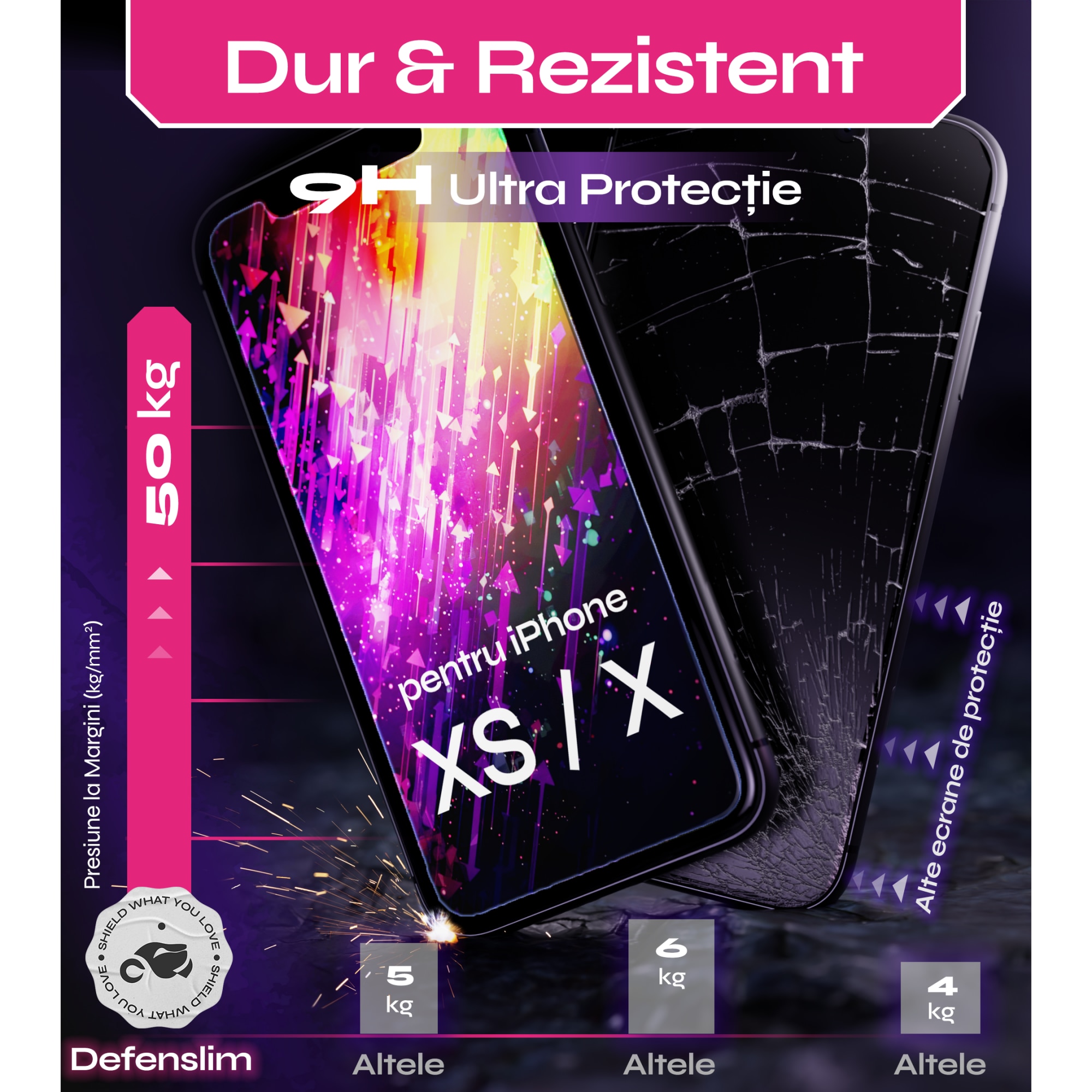 Folie sticla compatibil cu iPhone XS / X, set 2 buc, DefenSlim, instalare usoara si rapida cu dispozitiv de potrivire automata in 30 sec cu Easy Install Kit patentat, protectie telefon