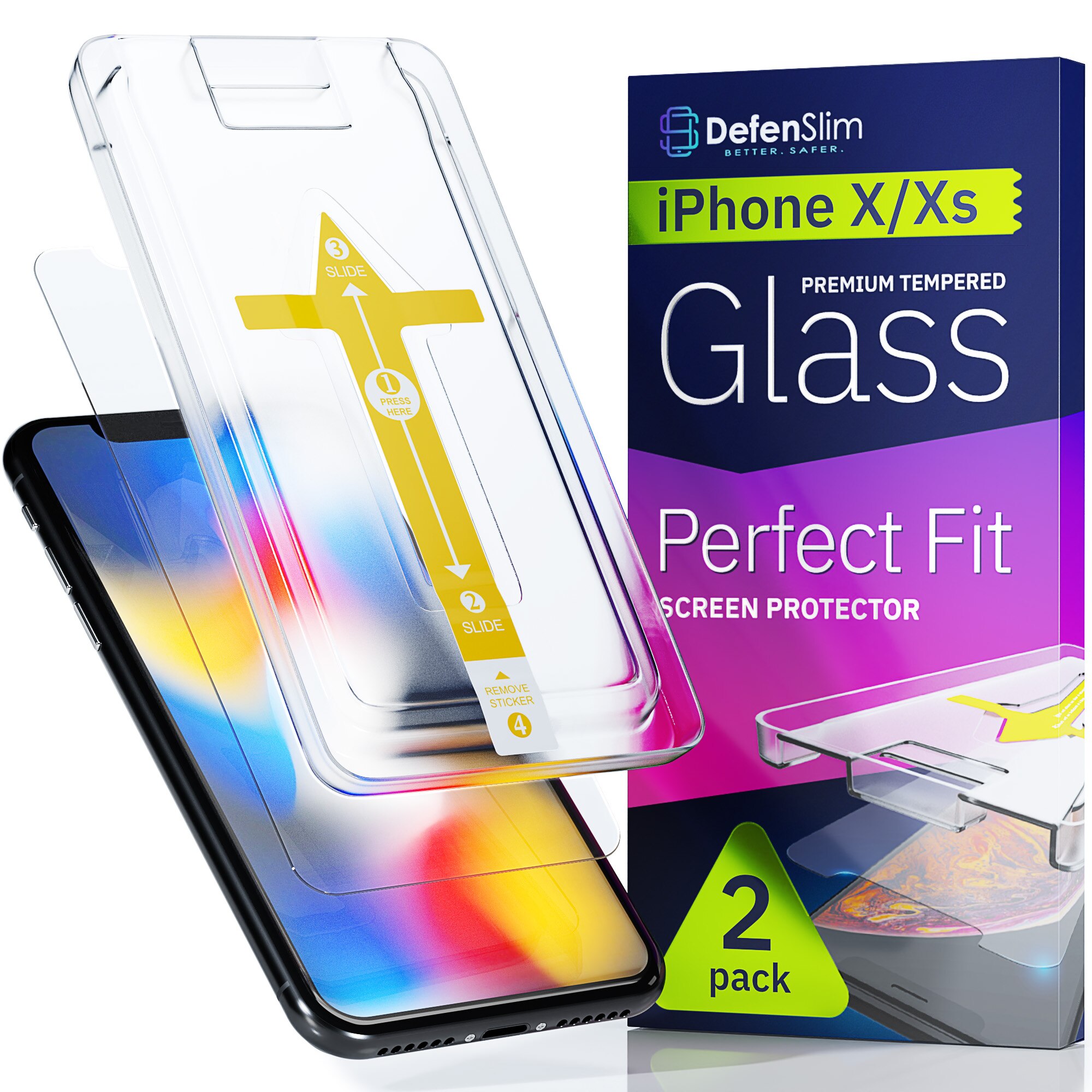 Folie sticla iPhone XS / X, set 2 buc, DefenSlim, instalare usoara si rapida cu dispozitiv de potrivire automata in 30 sec cu Easy Install Kit patentat, protectie telefon