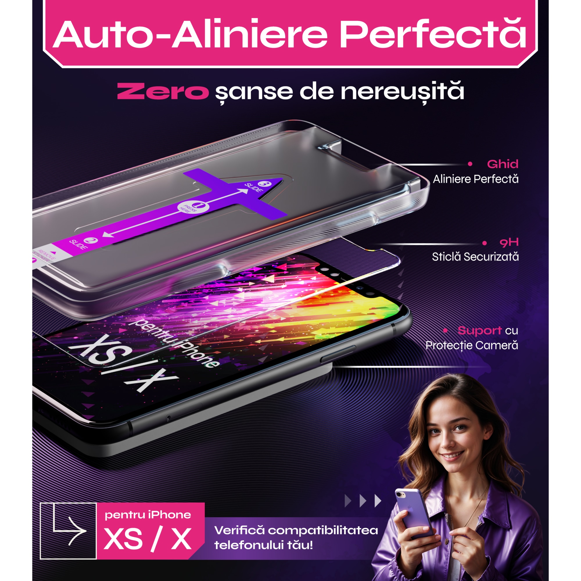 Folie sticla compatibil cu iPhone XS / X, set 2 buc, DefenSlim, instalare usoara si rapida cu dispozitiv de potrivire automata in 30 sec cu Easy Install Kit patentat, protectie telefon