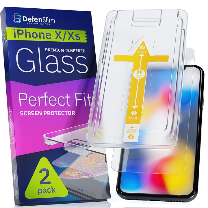 Комплект Стъклено фолио, съвместимо с iPhone XS / X, Тънък модел, Лесна и бърза инсталация, Easy Install Kit, Защита на телефона, 2бр.