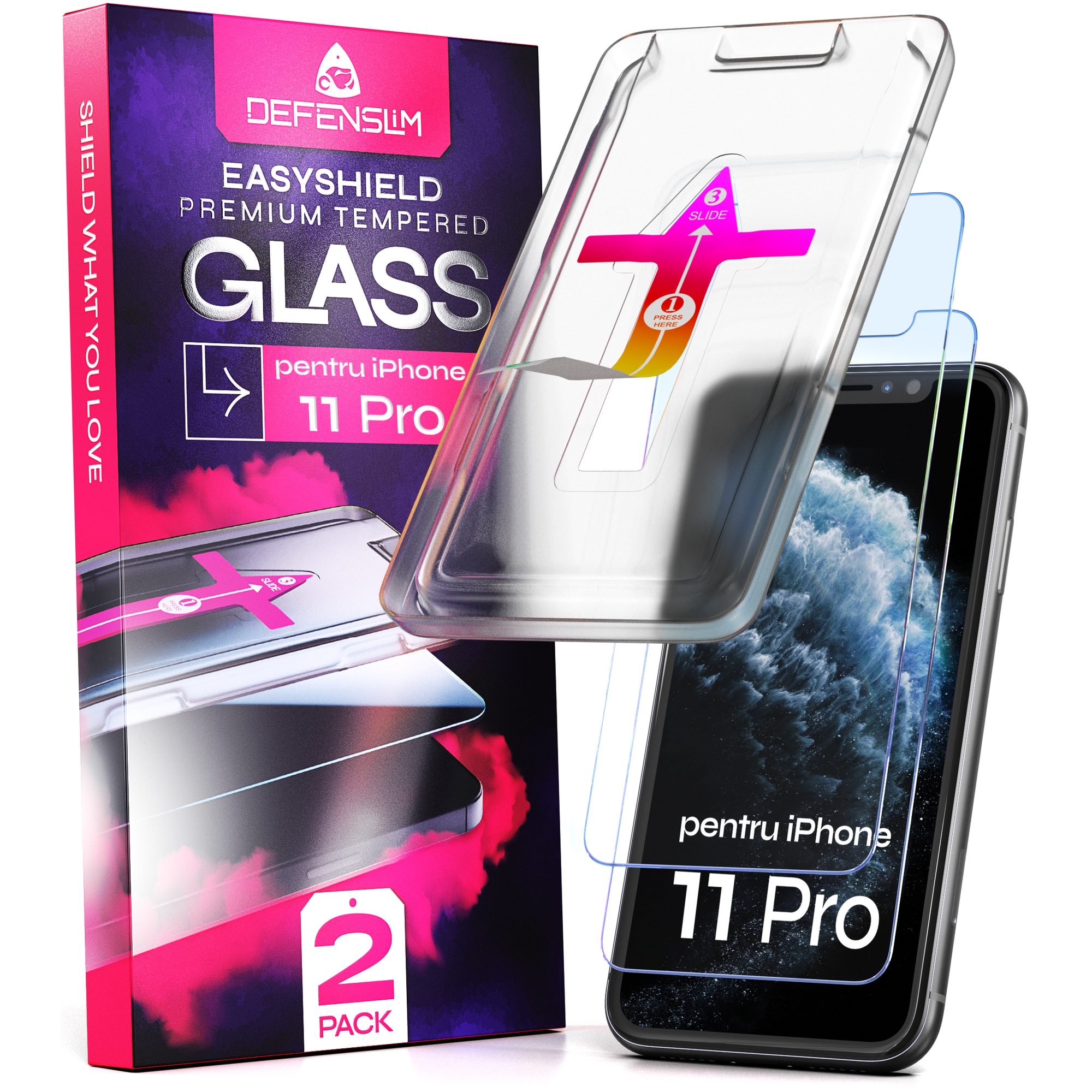 Folie sticla compatibil cu iPhone 11 Pro, set 2 buc, DefenSlim, instalare usoara si rapida cu dispozitiv de potrivire automata in 30 sec cu Easy Install Kit patentat, protectie telefon