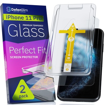 Folie sticla iPhone 11 Pro, set 2 buc, DefenSlim, instalare usoara si rapida cu dispozitiv de potrivire automata in 30 sec cu Easy Install Kit patentat, protectie telefon Folie sticla iPhone 11 Pro, set 2 buc, DefenSlim, instalare usoara si rapida cu dispozitiv de potrivire automata in 30 sec cu Easy Install Kit patentat, protectie telefon