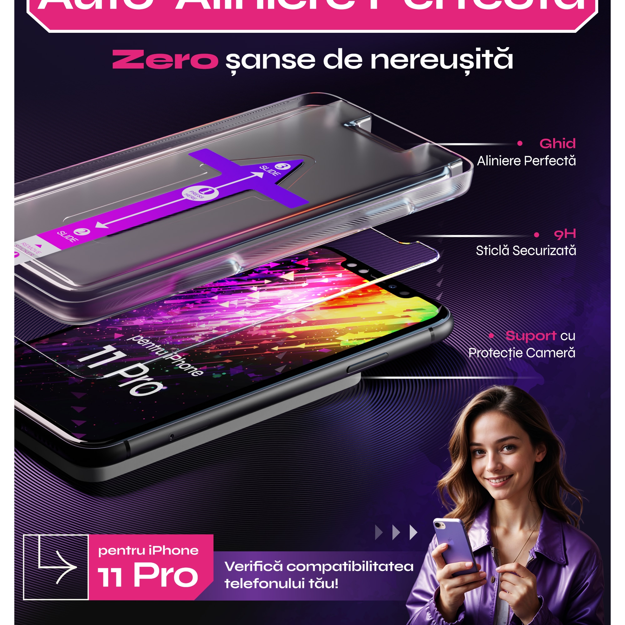 Folie sticla compatibil cu iPhone 11 Pro, set 2 buc, DefenSlim, instalare usoara si rapida cu dispozitiv de potrivire automata in 30 sec cu Easy Install Kit patentat, protectie telefon