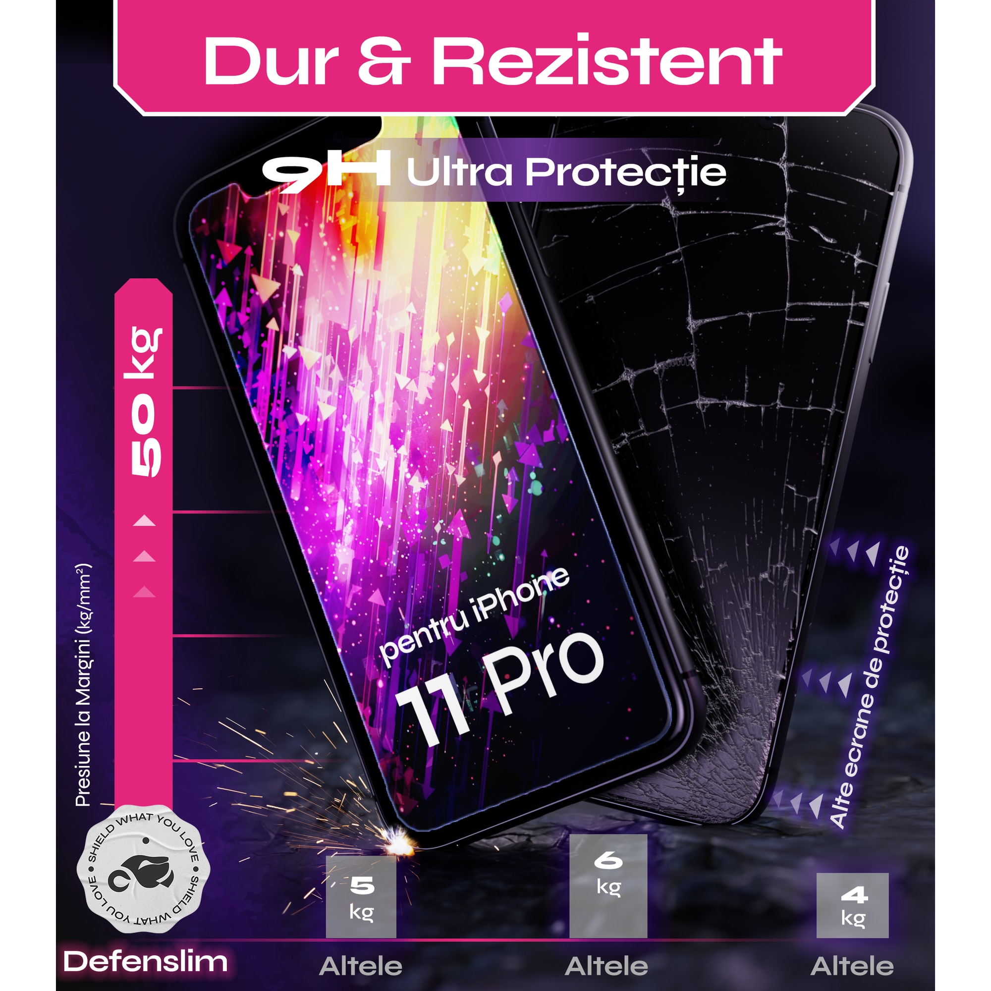Folie sticla compatibil cu iPhone 11 Pro, set 2 buc, DefenSlim, instalare usoara si rapida cu dispozitiv de potrivire automata in 30 sec cu Easy Install Kit patentat, protectie telefon